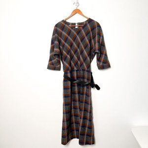 Vintage 90s Plaid A-Line Wool 3/4 Sleeve Midi Dress